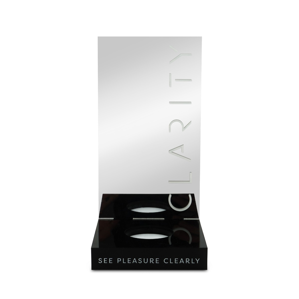 Clarity – Light Up Mirrored Display – POS – Powered via mains cable or optional battery pack (batteries not included)