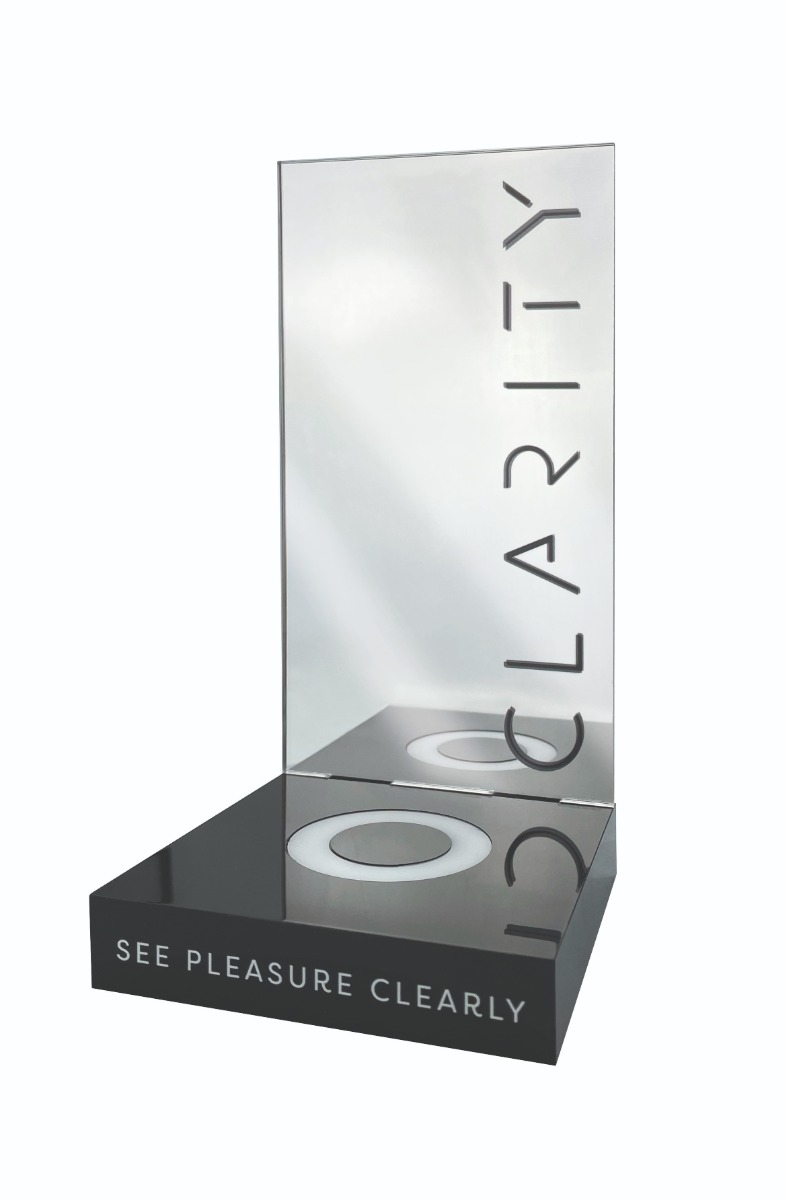 Clarity – Light Up Mirrored Display – POS – Powered via mains cable or optional battery pack (batteries not included)